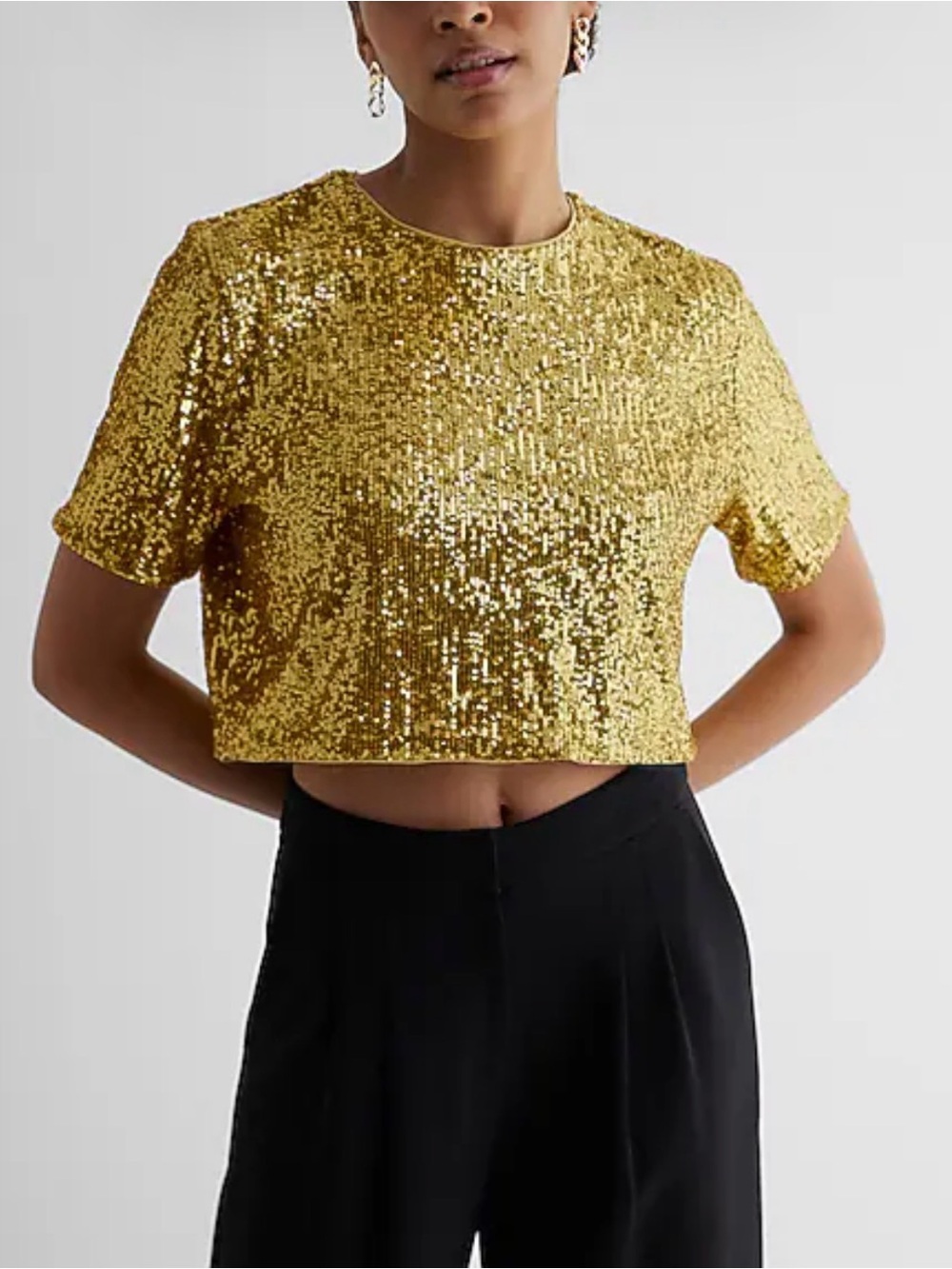 Express Gold Sequin Short Sleeve Crop Top